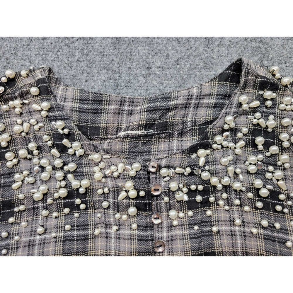 Anthropologie Plaid Pearl Embellished Blouse Grey Black Cotton Top